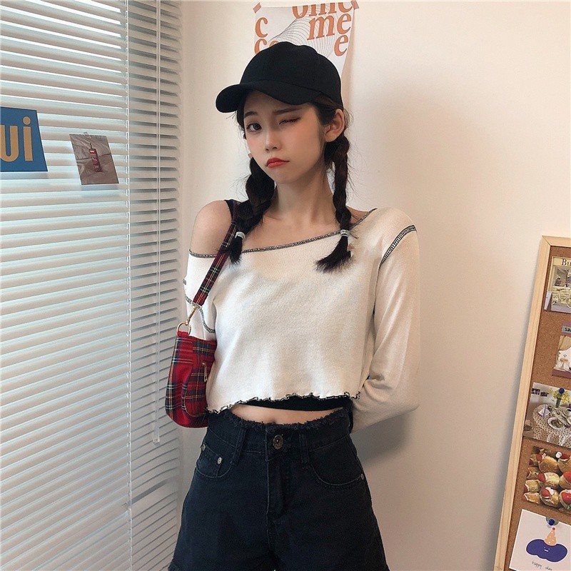 (HÀNG QC) SET ÁO LEN GIẤY TRỄ VAI VIỀN BÈO TÍM HỒNG TRẮNG MIX ÁO HAI DÂY ĐEN - SET CROPTOP LEN DÀI TAY 3 MÀU | BigBuy360 - bigbuy360.vn