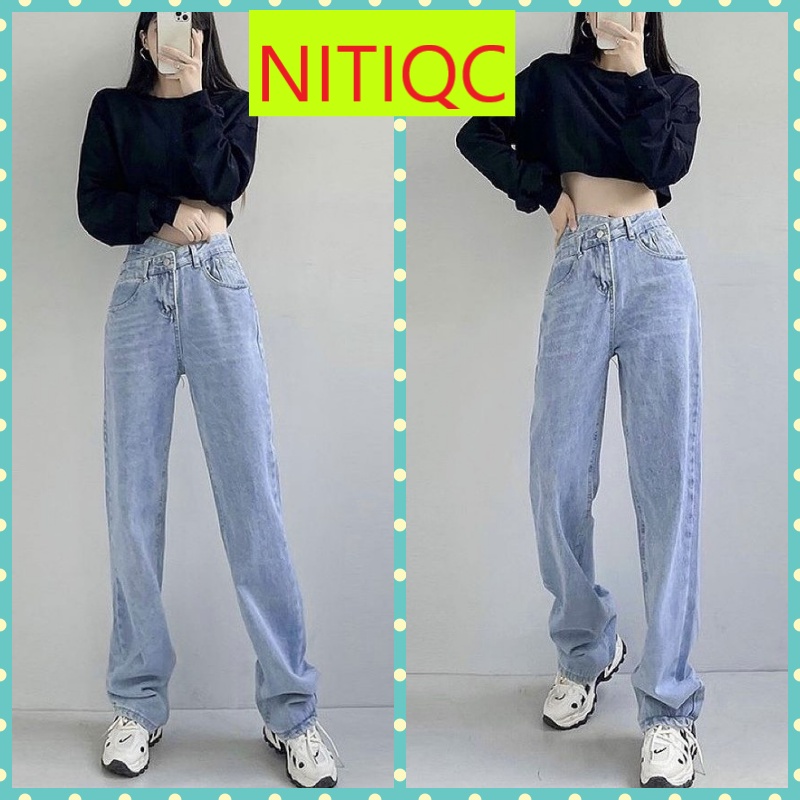 QUẦN JEANS ỐNG RỘNG NỮ LƯNG CAO CẠP CHÉO LƯNG LAI CUỐN FORM DÀI RỘNG MÀU XANH NHẠT CAO CẤP NITIQC MÀU XANH NHẠT XÁM