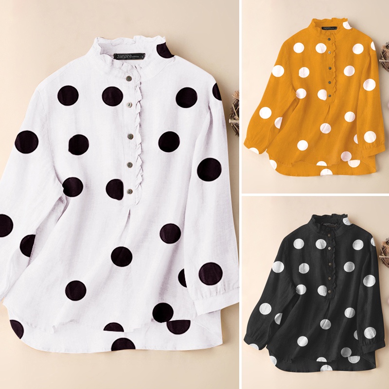 Zanzea Áo Tay Dài Cổ Đứng Nhún Bèo Họa Tiết Chấm Bi Dành Cho Nữ