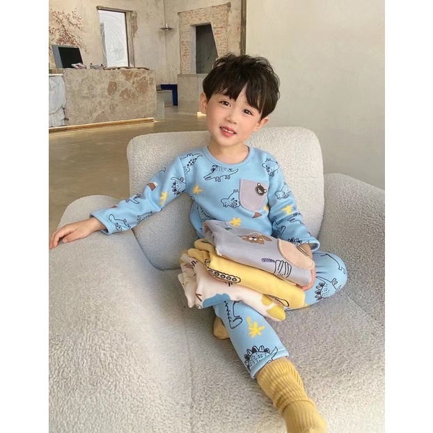 Bộ Nỉ Cotton Xuất Hàn Bên Trong Lót Lông Dày Ấm Cho Bé Trai Bé Gái Size 90-120