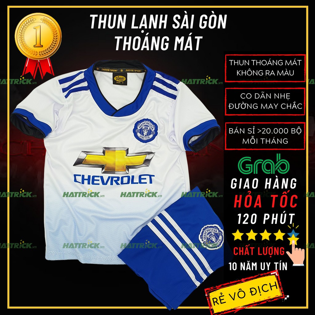 Đồ thể thao trẻ em Mu manchester trắng 2021 (11kg-41kg) thun Sài Gòn thoáng mát mềm mại, may chất lượng, xưởng bắng