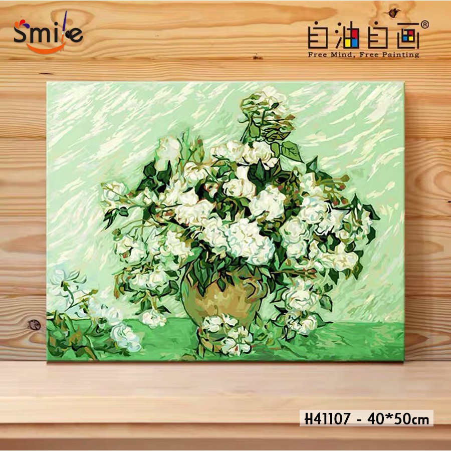 Tranh tô màu theo số sơn dầu số hóa cao cấp Smile FMFP Hoa hồng trắng Van Gogh H41107
