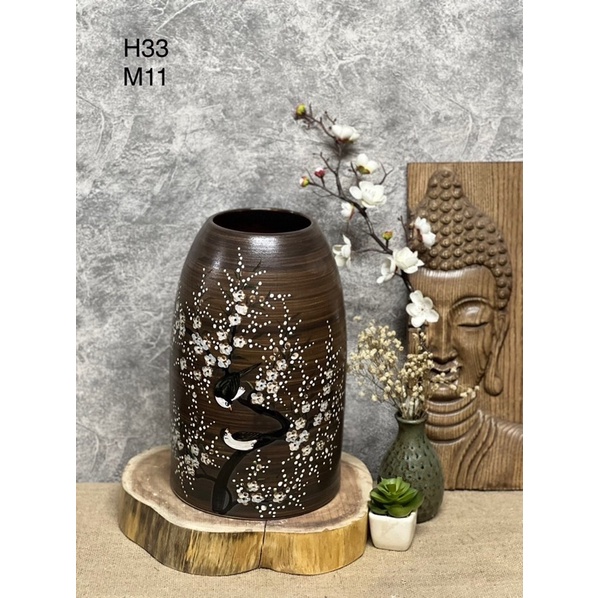 Bình hoa gốm dáng chuông men mộc vẽ tay- Gốm sứ Bát Tràng.