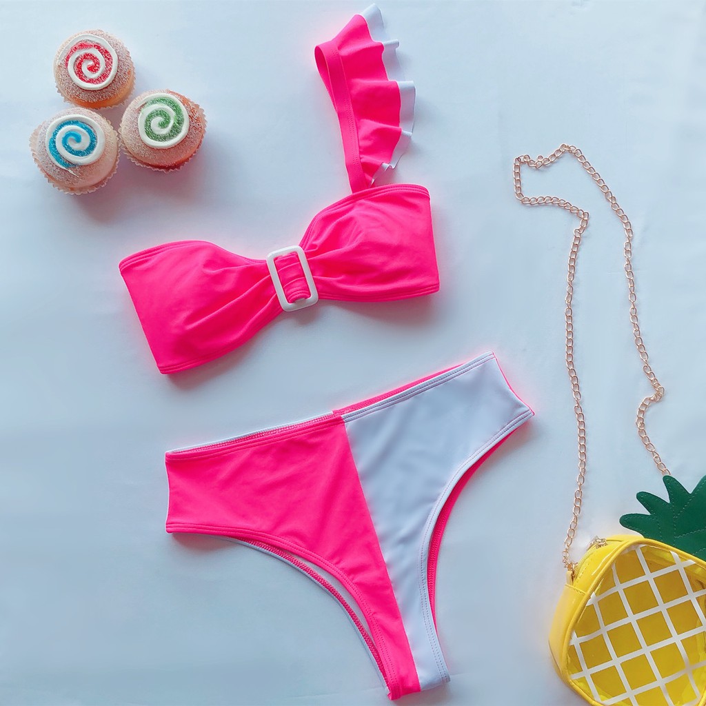 [BKN386] &lt;ÂU&gt; SET BIKINI LỆCH VAI HỒNG NEON/THỔ CẨM (CẠP CAO)