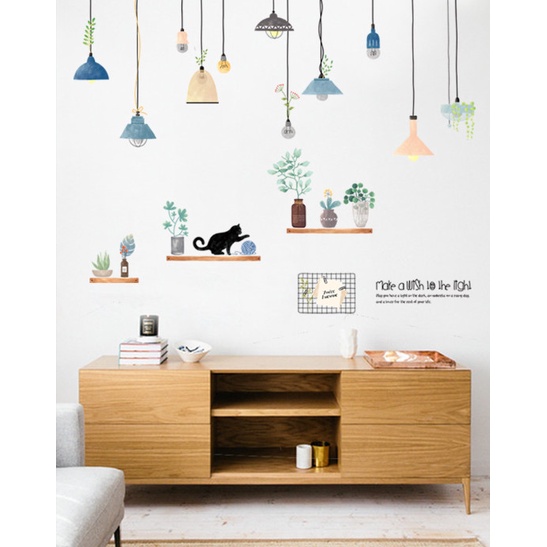 Deacal trang trí tường - Kệ những chậu cây nhỏ và rèm dây bóng đèn