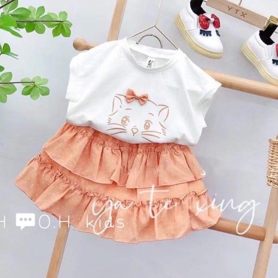 Sét chân váy tầng HC26 kèm áo thun cotton ngắn tay phối nơ dễ thương cho bé gái từ 8-30kg