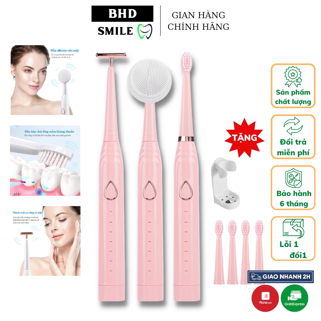 Bàn chải đánh răng điện tự động đầu lông mềm cao cấp 3 in 1 kèm máy rửa mặt, máy nâng cơ mặt làm trắng - BHDSMILE