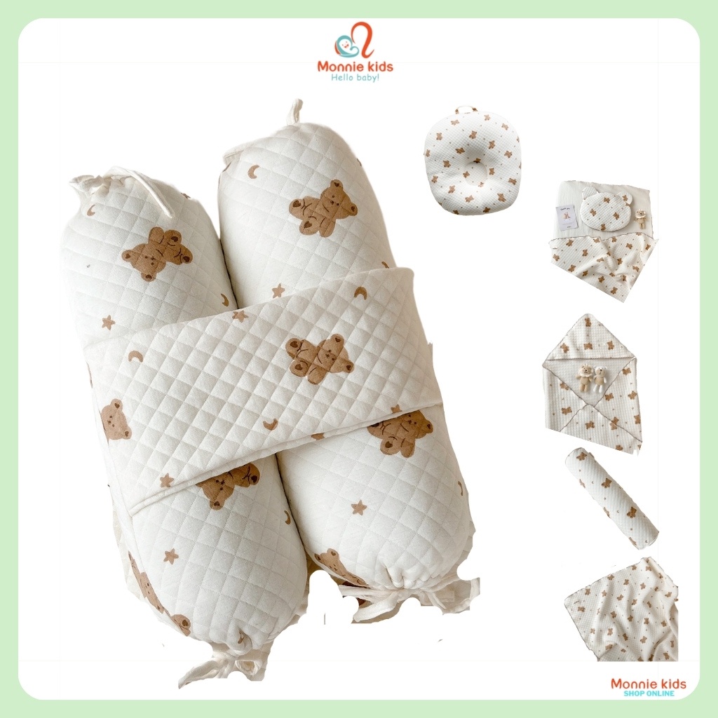 Chặn lụa cotton trần bông hình gấu cho bé Mochee, chặn bông họa tiết cho trẻ - Monnie Kids