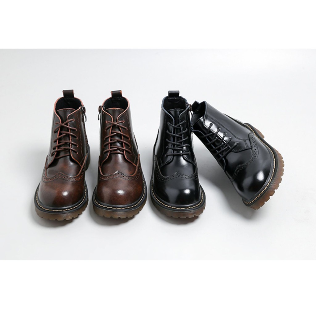Giày bốt Martin phong cách JK Nhật Bản gót Thấp cổ cao Da bò trên Dây kéo bên
