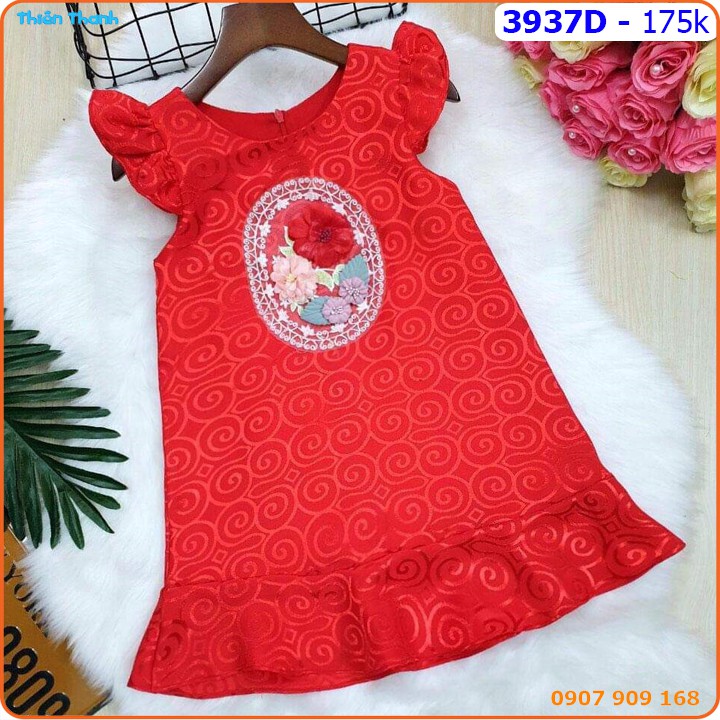 Đầm bé gái lụa gấm tay cánh tiên thêu hoa cho bé xinh diện tết - 3937