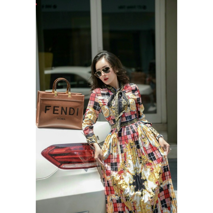 Đầm xòe lụa trung niên dài tay dự tiệc - Mua váy xòe dáng dài đẹp