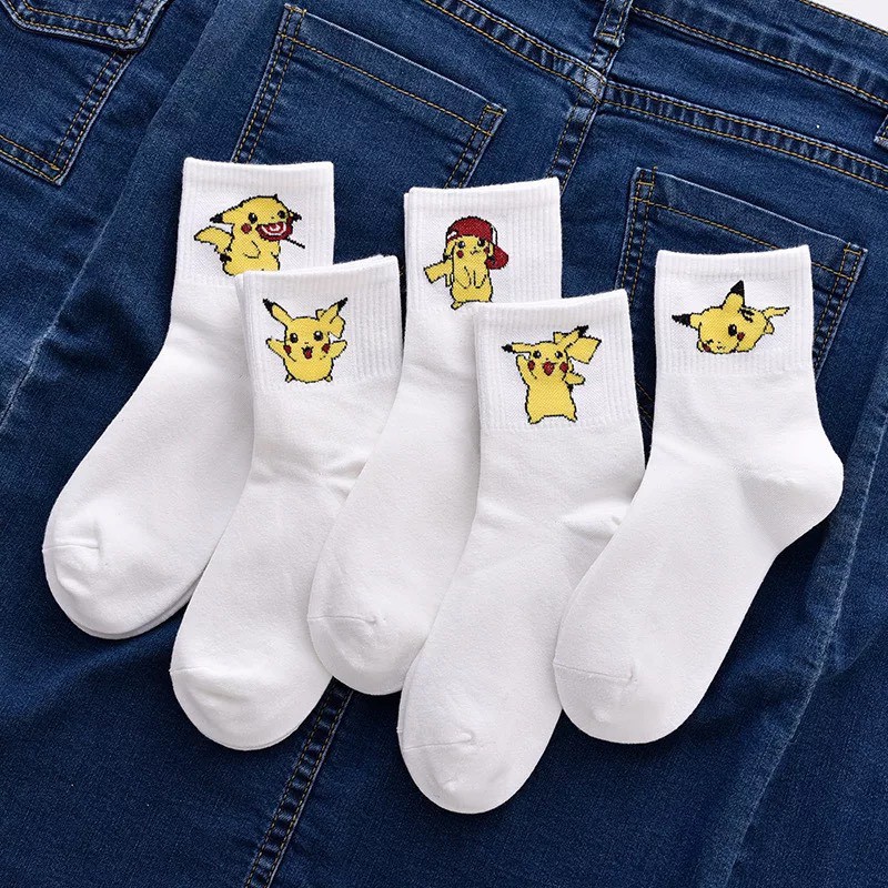 Tất vớ nam nữ cổ cao màu trắng hình Pikachu cute TN73