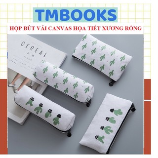 Hộp bút vải canvas cỡ lớn họa tiết xương rồng xinh xắn, có khóa kéo, kiểu dáng Hàn Quốc cho học sinh ,sinh viên