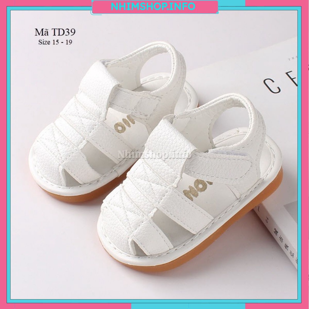 Dép tập đi có tiếng kêu đế mềm chống trơn sandal cho bé trai bé gái 6 tháng đến 1 tuổi quai dán trắng thời trang TD39