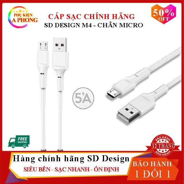 Cáp sạc M4 [Mua 5 dây giá sỉ] Dây cáp chính hãng SD Design chân sạc Micro dùng cho samsung, oppo, tai nghe, sạc dự phòng