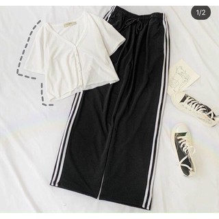 Set quần suông sọc + crop v cuốn biên
