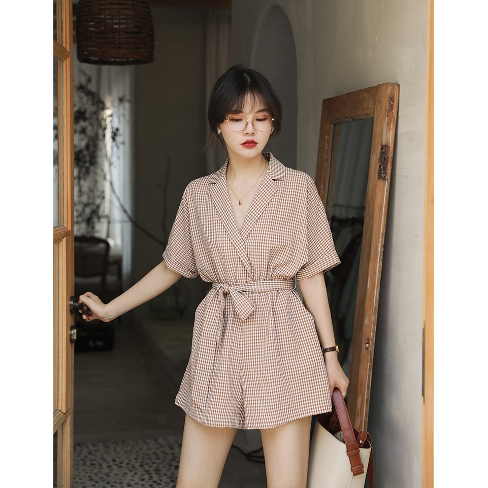 Jumpsuit Ngắn Kẻ Sọc Caro Trẻ Trung Thời Trang Cho Nữ