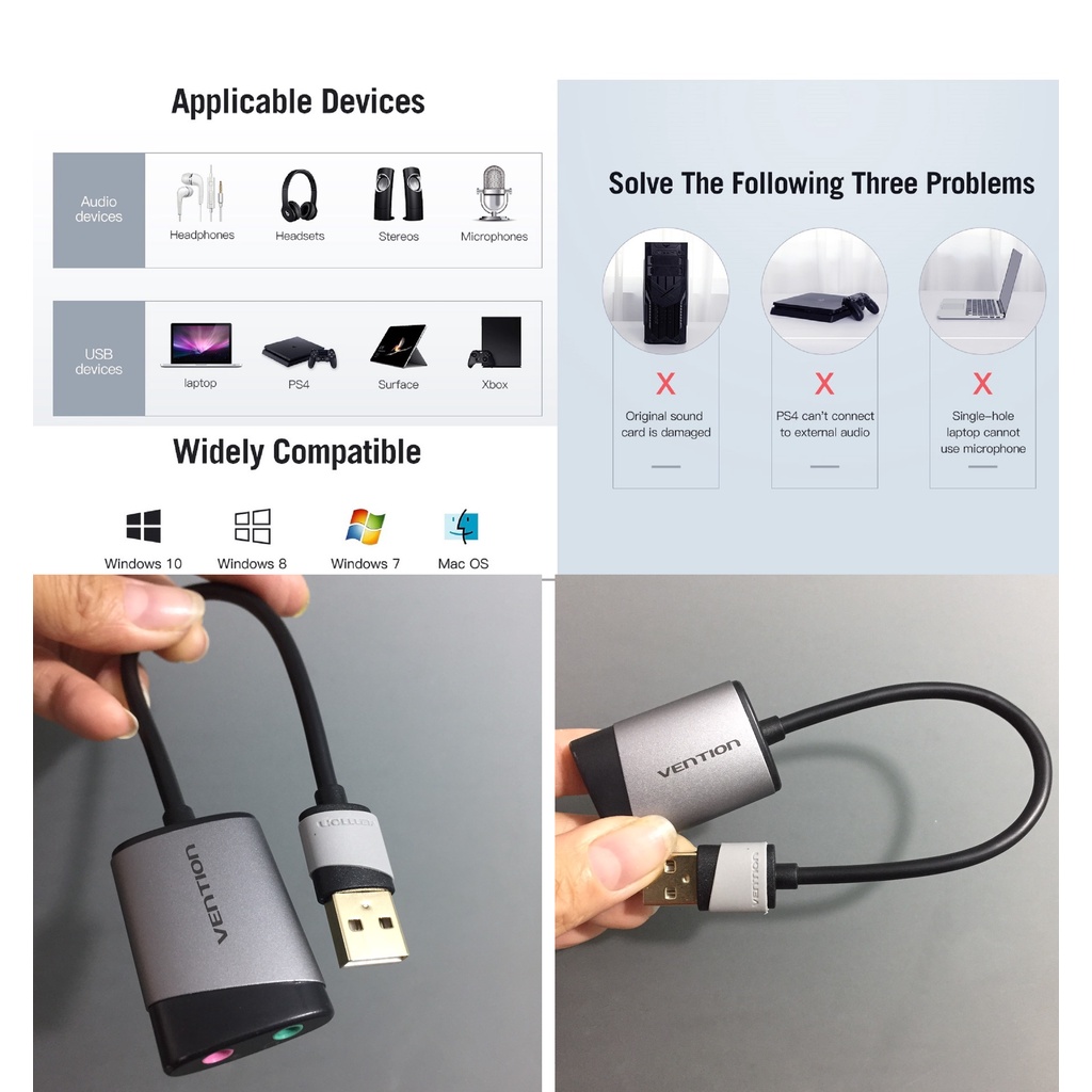 [USB ra 2 cổng 3.5] Card âm thanh USB Vention  VAB-S13 /  CDKHB 15cm / CDYB0 15cm