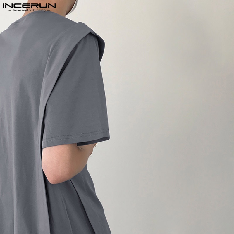 Áo thun INCERUN tay ngắn cổ tròn giả hai lớp màu sắc đơn giản thời trang cho nam giới