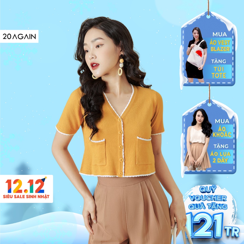 Áo len nữ ngắn tay cổ tim 20AGAIN túi 2 bên, thiết kế trẻ trung hiện đại ALA0062