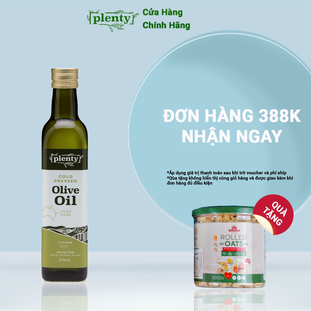 Plenty-Dầu Hữu cơ ép lạnh Olive Australia-Vị tươi ngon Giàu Vitamin E-Tốt cho tim mạch-Dùng cho Bánh mì, Pasta-chai-0.37