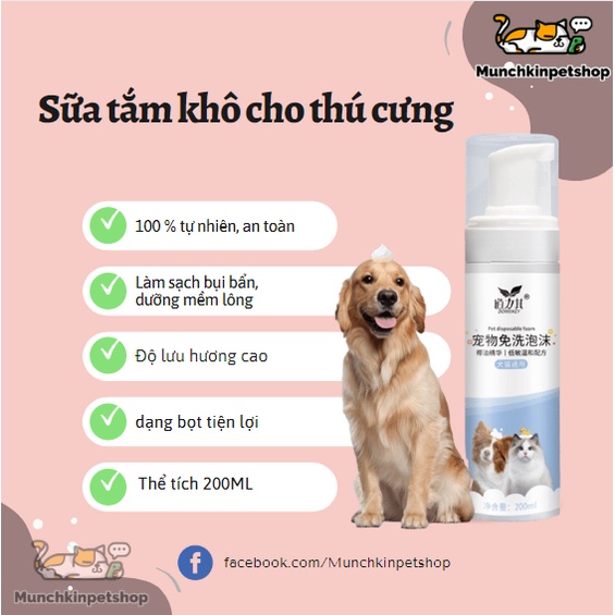 Sữa tắm khô cho chó mèo cao cấp, làm sạch vết bẩn, khô nhanh chóng và khử mùi hôi cho chó mèo