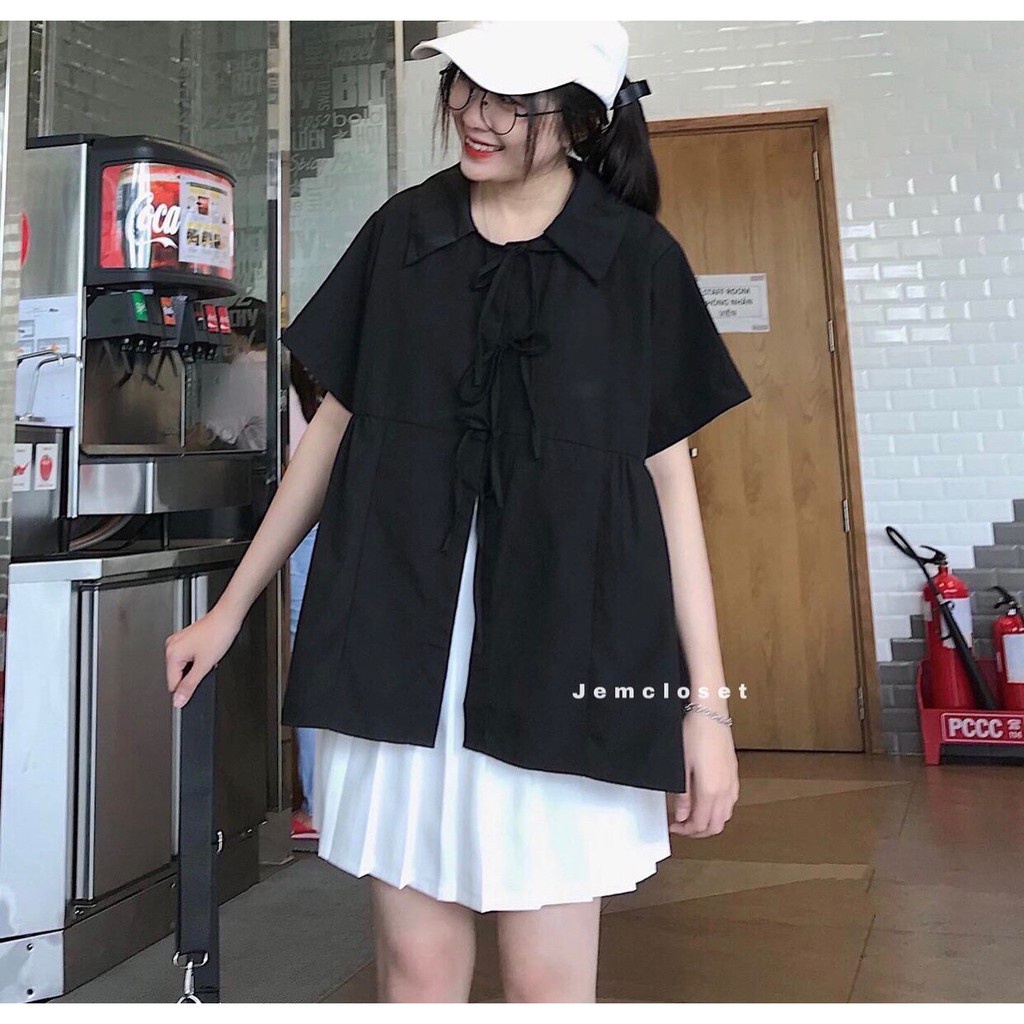 Áo Babydoll Nữ Buộc Dây Trắng Đen 🦋 Áo Sơ Mi Nữ Cộc Tay Cổ Bẻ 2 Màu 🦋