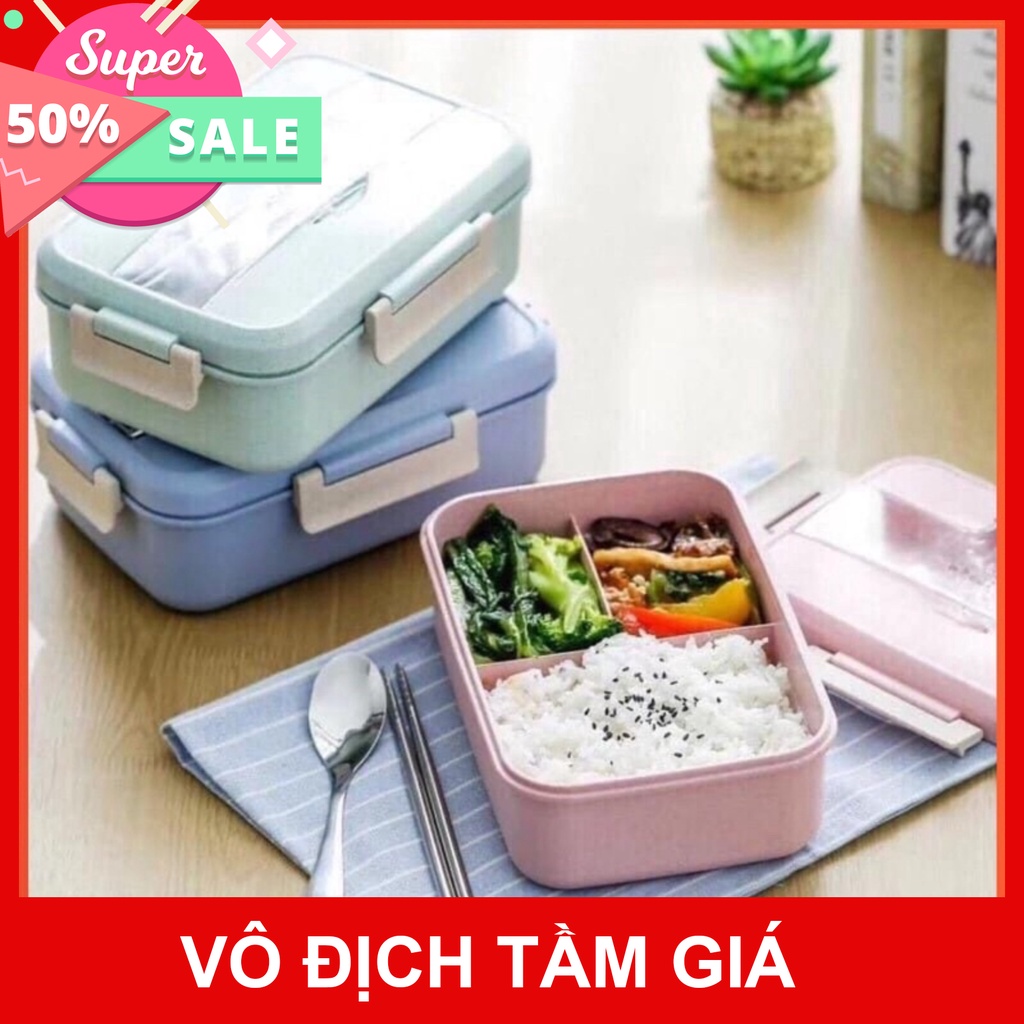 Hộp cơm lúa mạch 3 ngăn tặng kèm thìa đũa inox cao cấp,chịu nhiệt