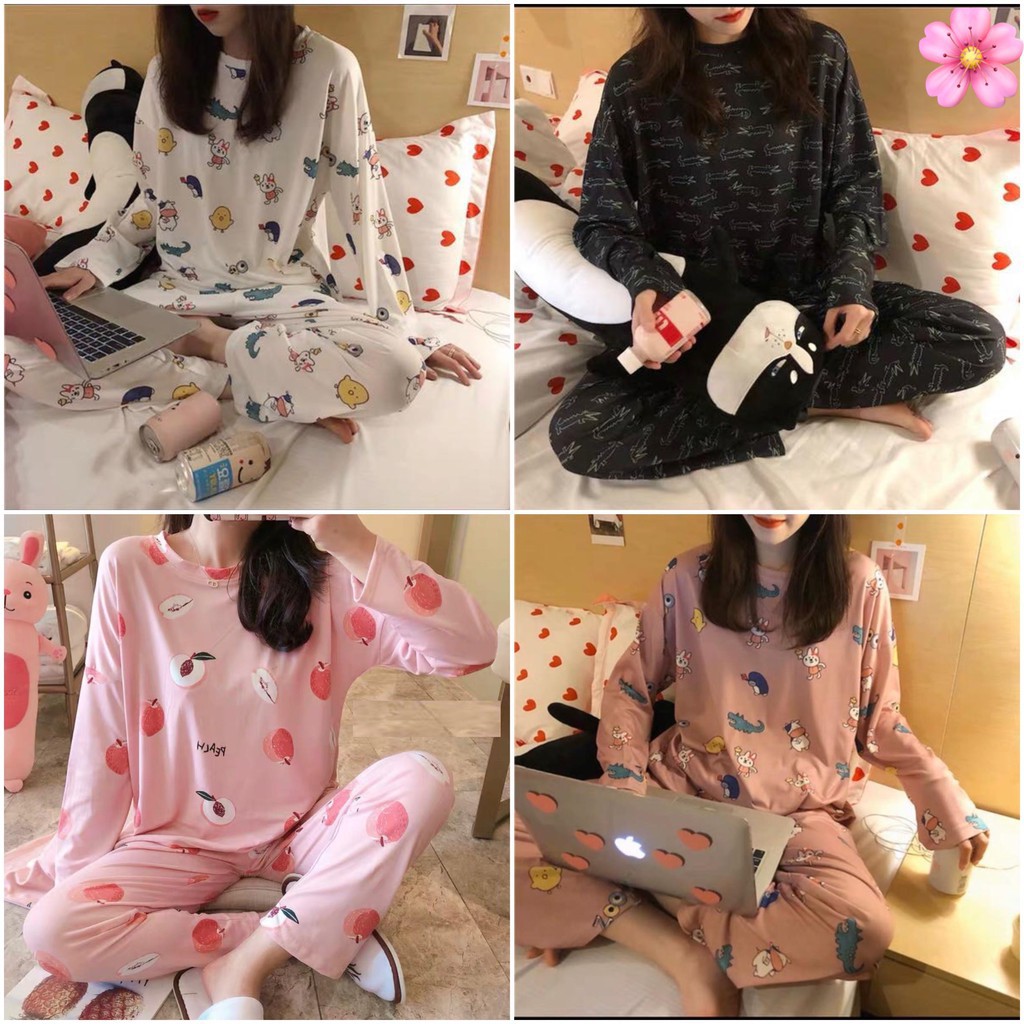 Set ngủ tay dài in hình icon họa tiết hoạt hình nữ - Bộ thun ở nhà dáng suông form rộng zoo zoo dễ thương ulzzang HOT