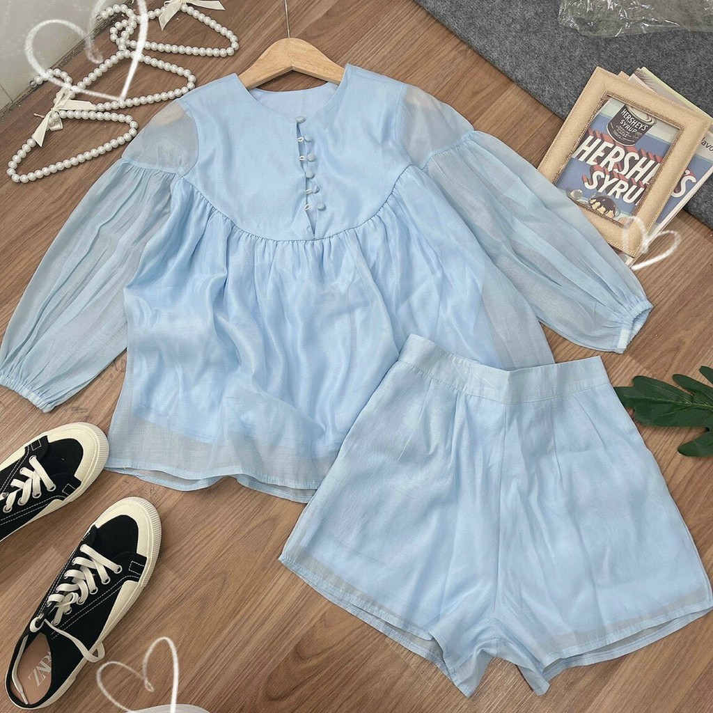 VIBES Set áo babydoll quần short màu xanh da trời