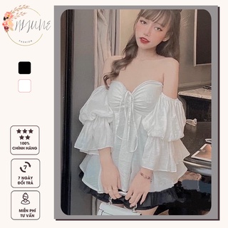 Áo trễ vai nữ kiểu bẹt vai tay bồng dây rút dáng babydoll HIJUNE ATV04