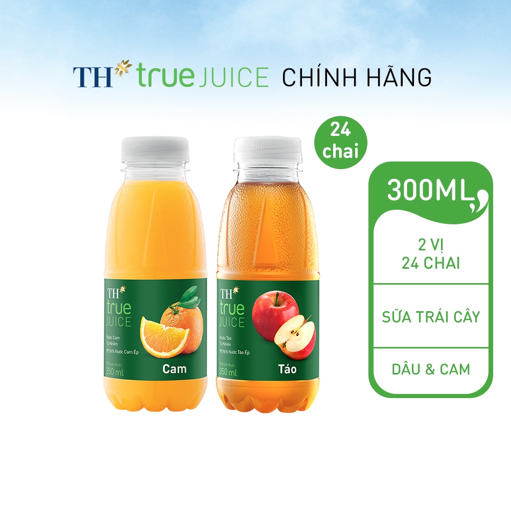 Thùng 12 chai nước táo tự nhiên & 12 chai nước cam tự nhiên TH True Juice
