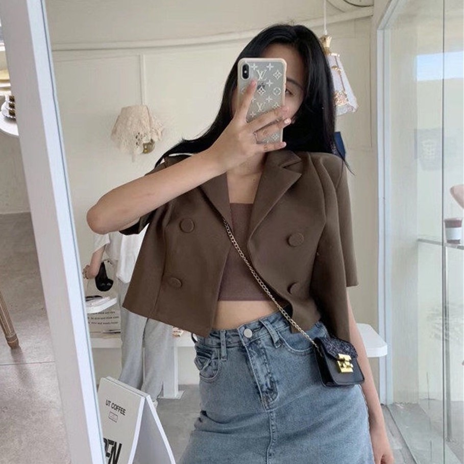 QADCOL  Áo khoác blazer ngắn tay thời trang Hàn Quốc thanh lịch cho nữ