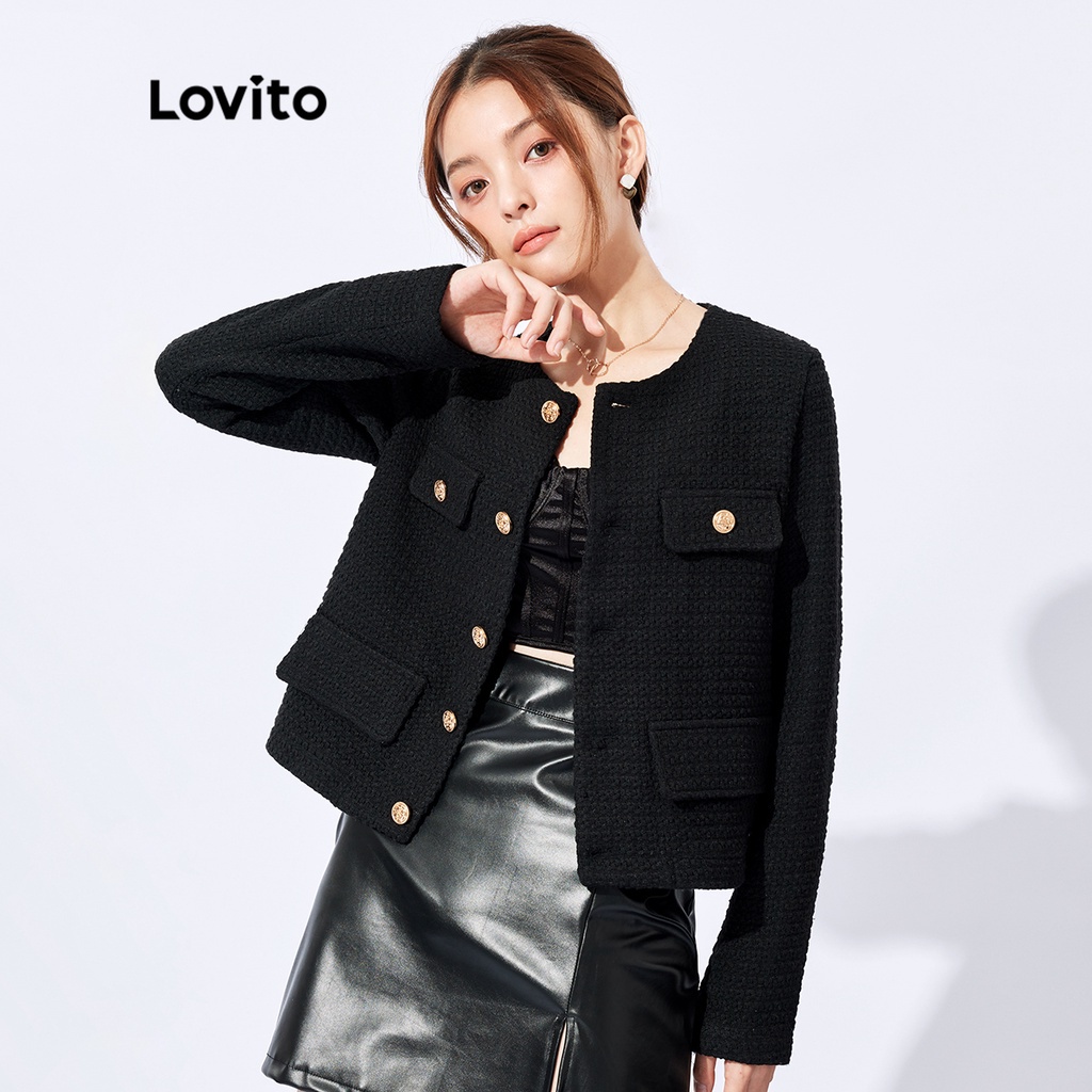 Áo khoác Lovito cổ tròn phối nút màu trơn phong cách Hàn Quốc thanh lịch L32FW095 (màu đen)