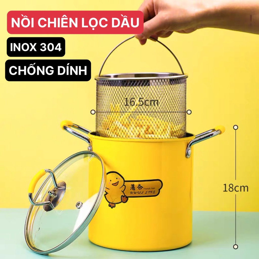 Nồi Chiên Vịt Vàng Ngập Dầu Mini Kèm Rổ Inox Cao Cấp Nội Địa (Nồi Cao 18cm)