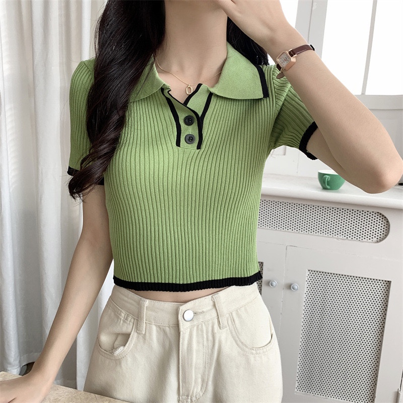 Áo polo croptop kiểu len gân nữ tay ngắn dáng ôm body cổ bẻ dệt kim thời trang phong cách Hàn Quốc trẻ trung