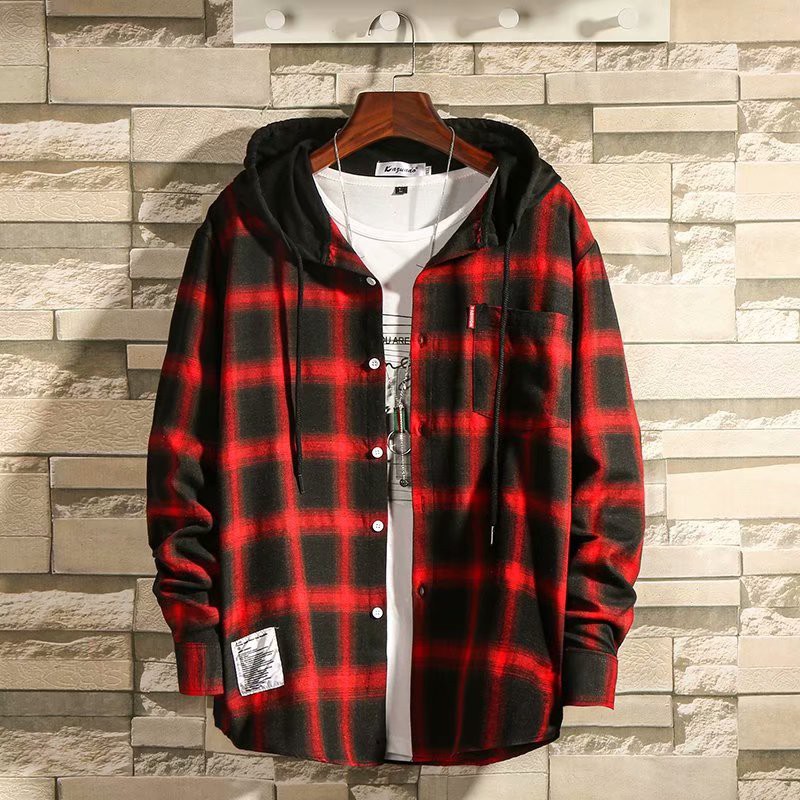 Áo Hoodie Dài Tay Giả Hai Lớp Họa Tiết Sọc Caro Thời Trang Đường Phố Nhật Bản