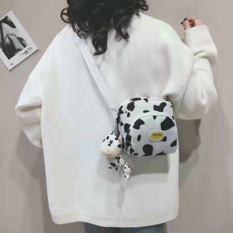 [ SIÊU GIẢM GIÁ] Túi đeo chéo hai ngăn thời trang kiểu mới hoạ tiết bò sữa cho nam và nữ