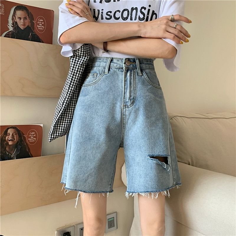AMOI Quần Short Denim Lưng Cao Ống Rộng Phối Rách Thời Trang Hàn Quốc Cho Nữ