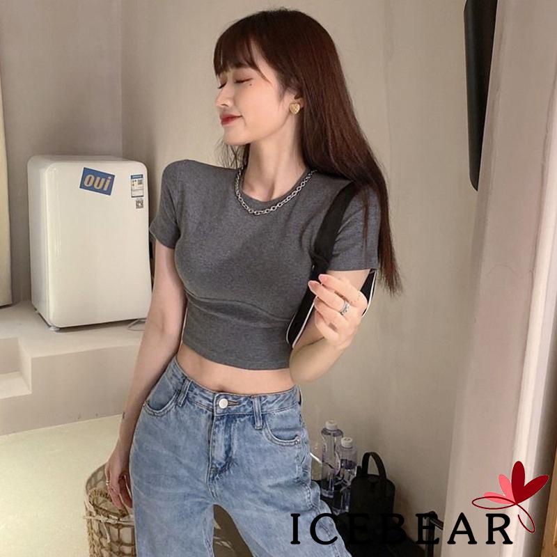Áo Thun Crop Top Tay Ngắn Cổ Tròn Màu Sắc Trơn Thời Trang Cho Nữ