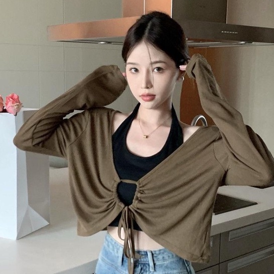 [MURIOKI] Áo Hai Dây Dáng Ôm Ngắn Hở Lưng Màu Đen Thời Trang 2022 Quyến Rũ Cho Nữ