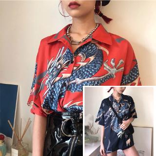Áo Sơ Mi Ngắn Tay In Hình Rồng Phong Cách Hàn Quốc Cho Nữ