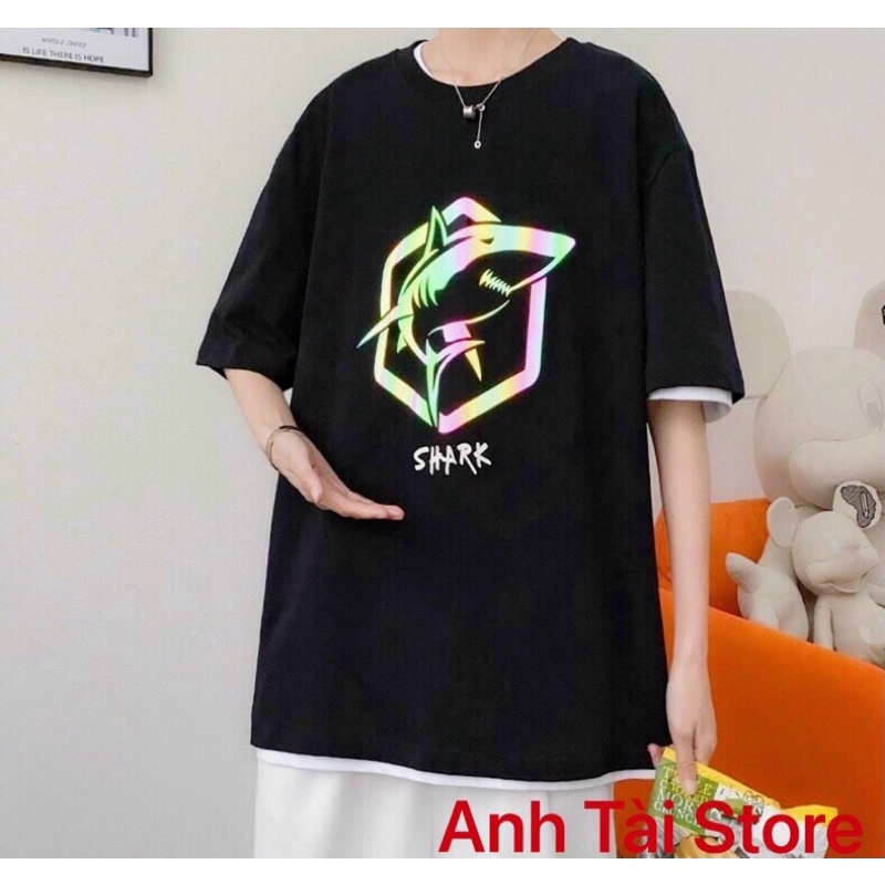 Áo thun tay lỡ phản quang phông Unisex nam nữ chất Premium Cotton oversize đến 75kg form rộng co dãn 4 chiều SHARK AP 44