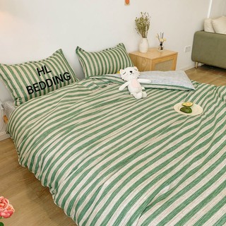 Bộ chăn ga Cotton poly HL bedding chăn ga Hàn Quốc xanh lá sọc đủ size miễn phí bo chun