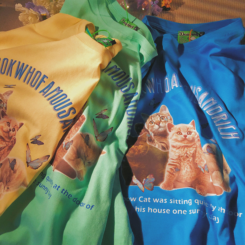 Áo Thun Nữ Tay Ngắn In Hình Mèo Phong Cách Retro
