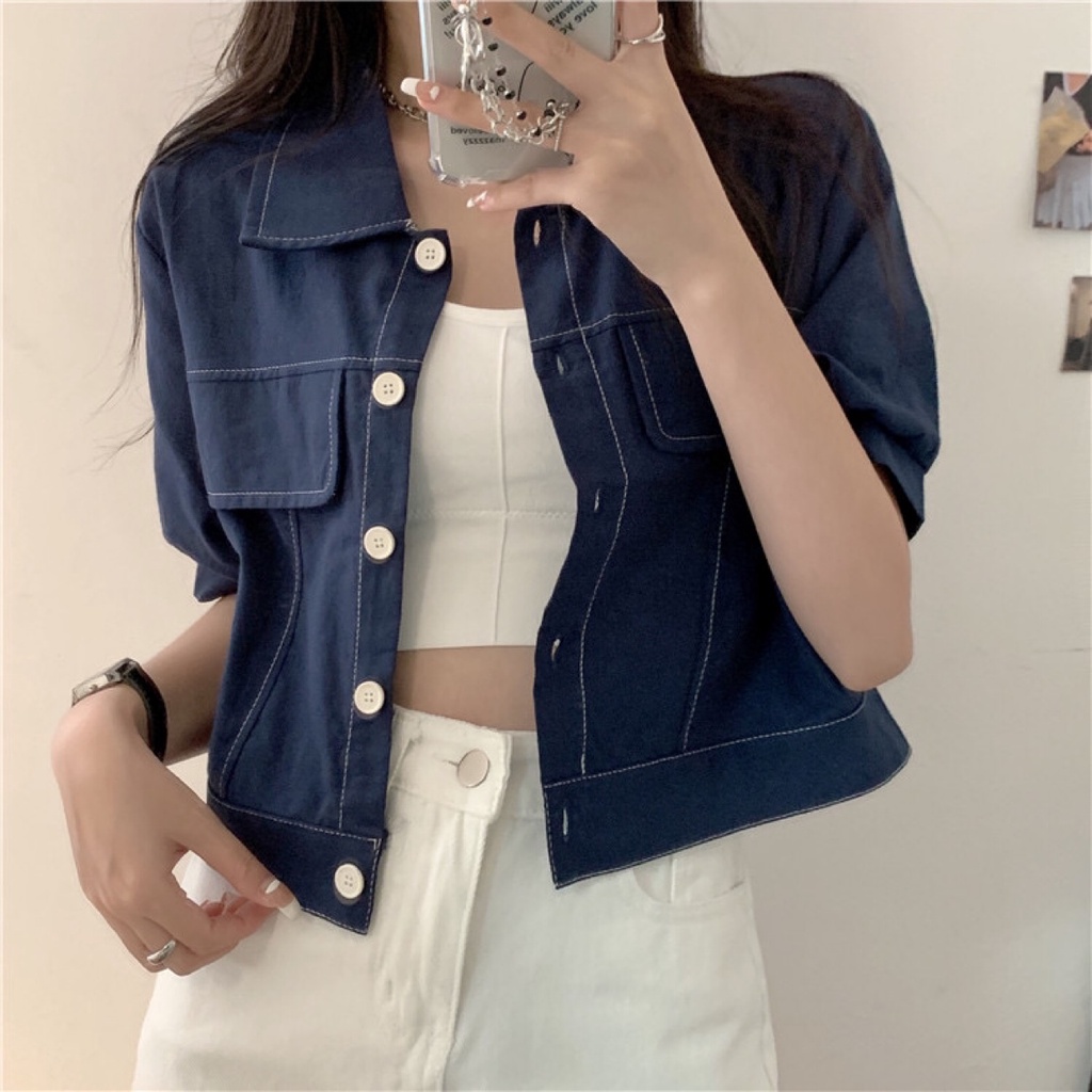 AB3_Áo khoác mỏng ngắn tay dáng croptop cổ polo phog cách Hàn quốc