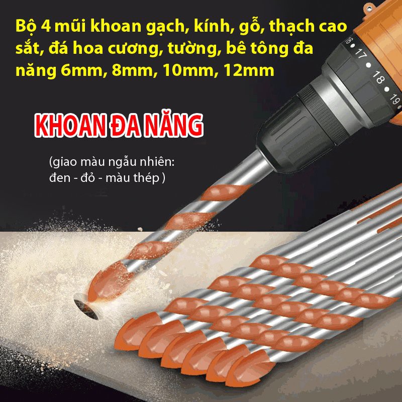 Bộ 4 mũi khoan gạch, kính, gỗ, thạch cao, sắt, đá hoa cương, tường, bê tông đa năng 6mm, 8mm, 10mm, 12mm