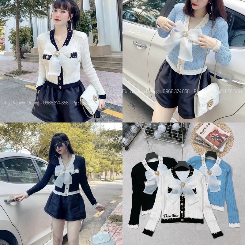 Áo Len điệu [HOT🔥] đính đá cổ nơ hàng Quảng Châu cao cấp