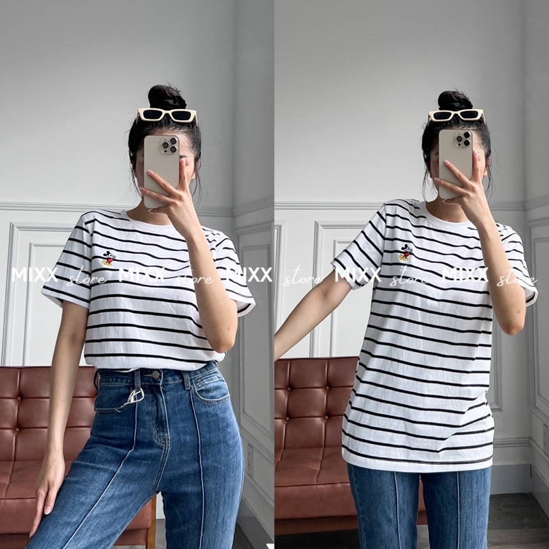 Áo Thun Nữ Sọc Thêu hình mickey nhỏ xinh xắn thun mịn cao cấp thoáng mát phom suông rộng sà