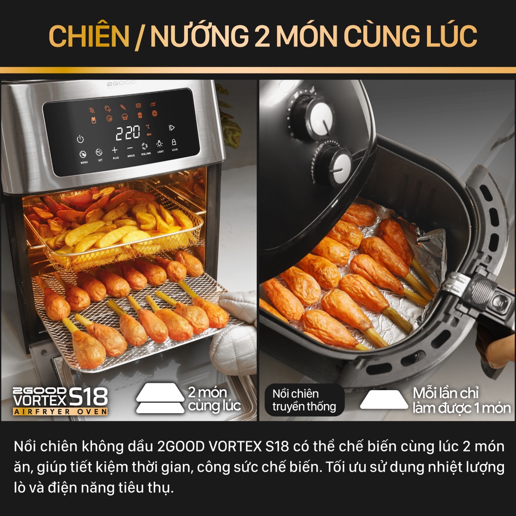 Nồi Chiên Không Dầu 2GOOD Vortex S-18 Dung Tích 15 Lít (tặng kèm đôi găng tay, chất liệu Inox 304, 10 chế độ nấu)
